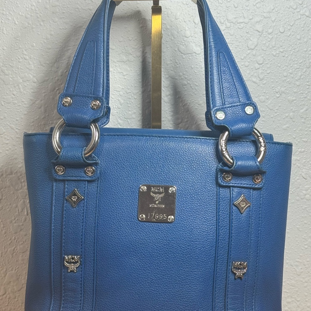 MCM Studded Leather Tote Bag  Authentic Blue